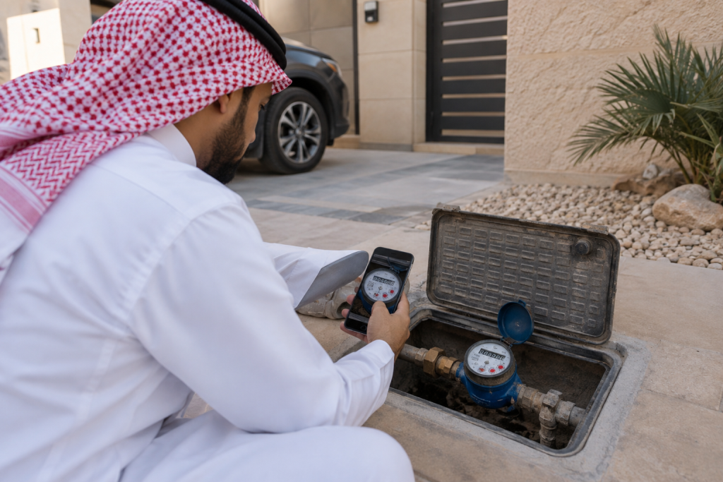 صاحب منزل في الرياض يصور عداد المياه قبل اختبار تسرب بسيط