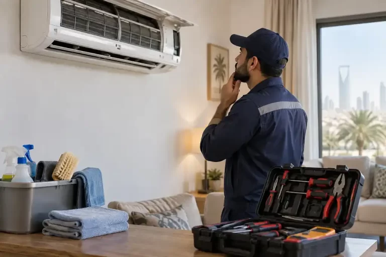 تنظيف المكيف أم صيانته في جدة؟ كيف تعرف الخدمة التي تحتاجها 9 فني يفحص مكيف سبليت لتحديد الحاجة إلى تنظيف أو صيانة في جدة
