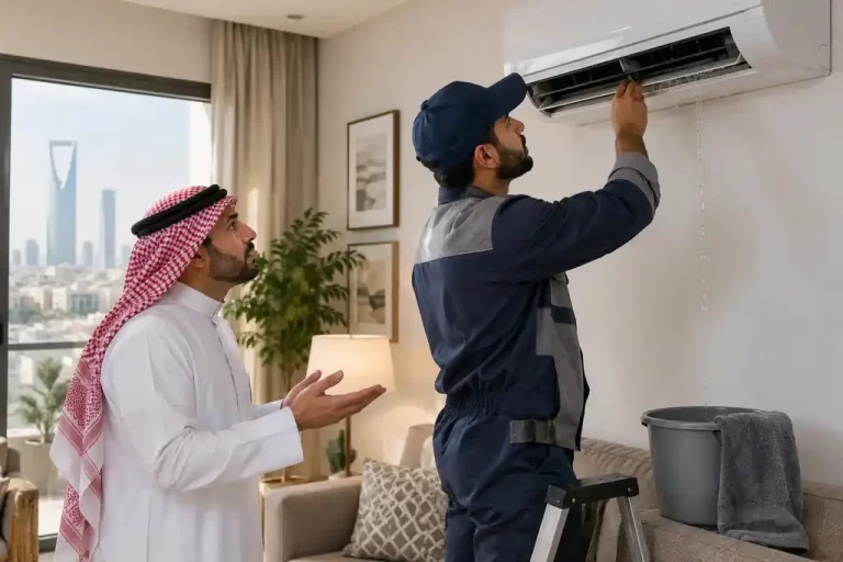 المكيف يسرّب ماء في جدة؟ الأسباب وخطوات الفحص قبل الصيانة 8 فني يفحص تسرب الماء من مكيف سبليت داخل منزل في جدة