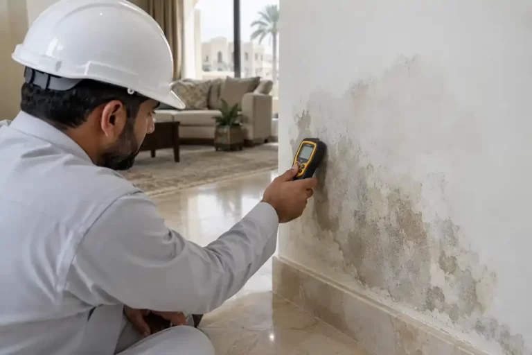 فني يقيس رطوبة جدار لتحديد تسرب المياه أو التكثف في منزل بالرياض