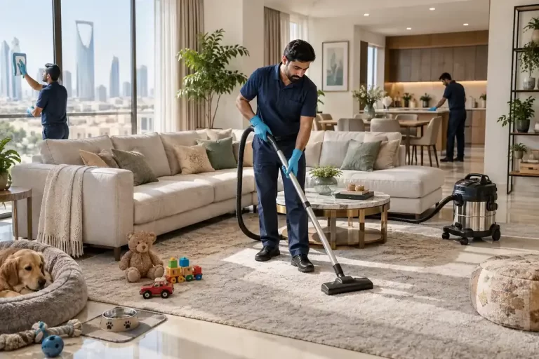 كم مرة يحتاج المنزل إلى تنظيف عميق في الرياض؟ جدول عملي حسب الاستخدام 7 فريق تنظيف ينفذ تنظيفًا عميقًا لمنزل عائلي في الرياض